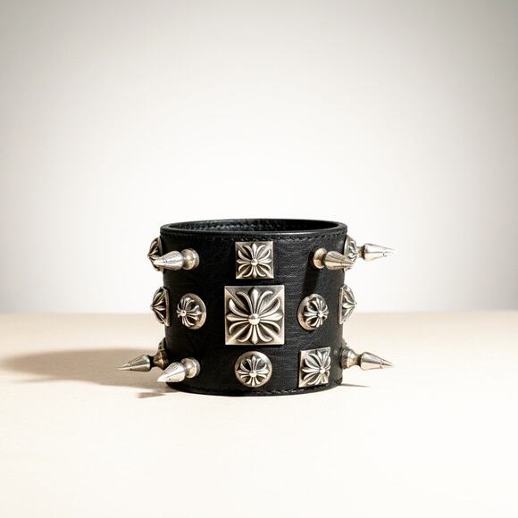 Chrome Hearts Other - SOLD Chrome Hearts Sterling Silver Stud Cross Leather Snap Wide Bracelet